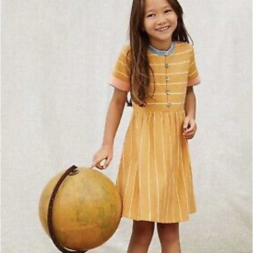Matilda Jane Mustard Yellow Striped Casual Dress with Pink Trim